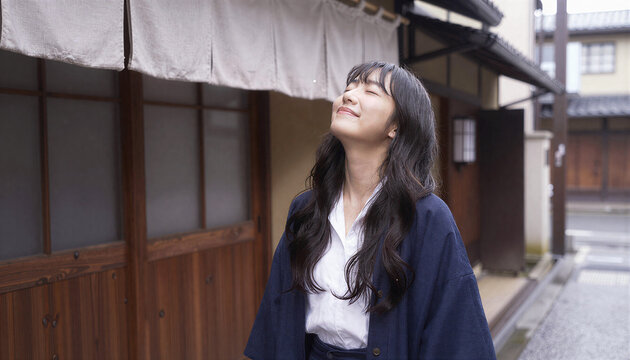 Japanese Woman Breathing Deeply Alley
