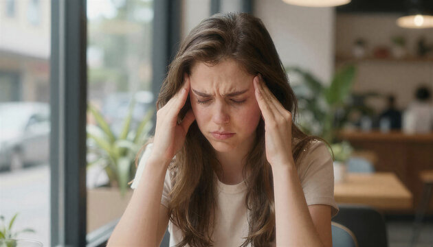 Woman Frustrated Headache Cafe Moment