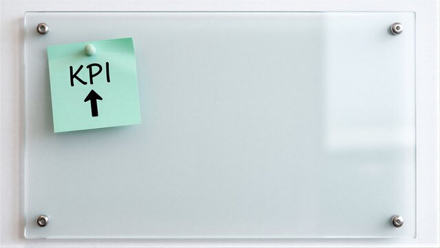 Glass board with sticky note: "KPI " indicating key performance indicator goals.
