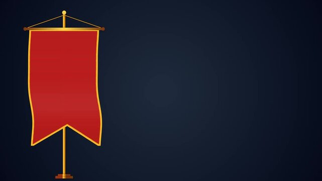 Red vertical table banner with pointed bottom and gold trim waving on dark blue background mockup