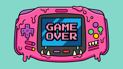 Pink handheld gaming console with Game Over screen. © Bakori