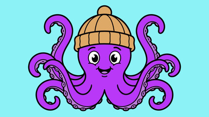 Purple octopus wearing a yellow knit beanie hat. © Bakori