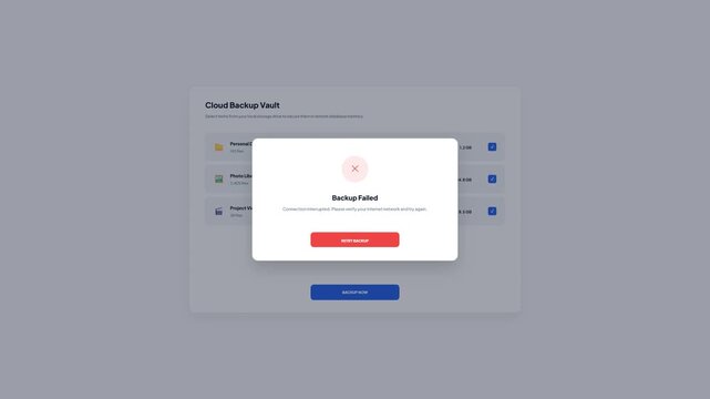 User interface of cloud backup vault storage page on white background showing files selection uploading progress bar and backup failed connection interrupted error popup