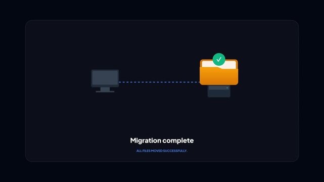Data Migration Flat Animation with Folder Icon Moving from Computer Terminal to Server Storage
