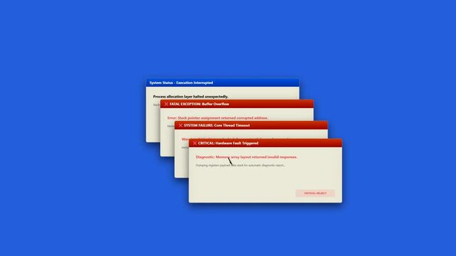 Retro computer process execution interrupted warning windows cascading into system crash force terminate alert panel animation