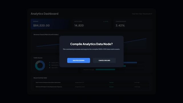 Dark Mode Analytics Dashboard with Line Chart Data Visualization and Confirmation Dialog Pop Up Animation