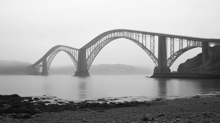 Fototapeta premium Grey metal arch bridge over calm water.