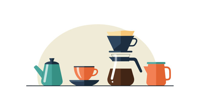This vector illustration showcases various coffee-making tools like a teal kettle, orange cup, and pour-over brewer in a flat design style.