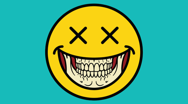 Yellow smiley face with X eyes and teeth.