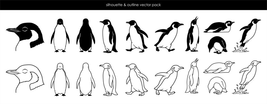 penguin silhouette and outline vector icon pack collection