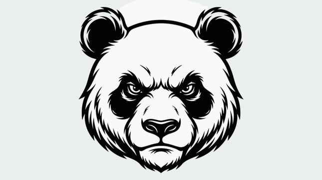 Grumpy panda head monochrome vector mascot illustration.