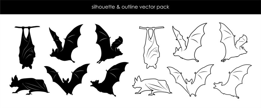 bat silhouette and outline vector icon pack collection