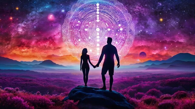 Man and Woman Holding Hands in Front of Colorful Sky