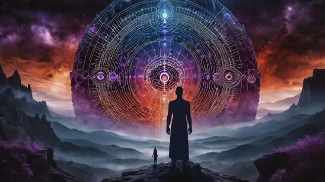 Man Standing on Mountain Top Under Purple Sky