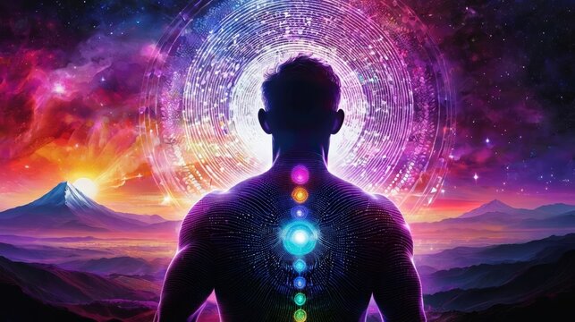 Man Meditating With Seven Chakras in Front of Mountain