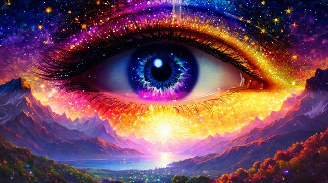 Eye With Colorful Sky Painting