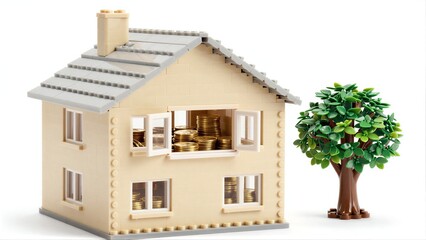 Fototapeta premium Lego house filled with gold coins, beside a green tree.