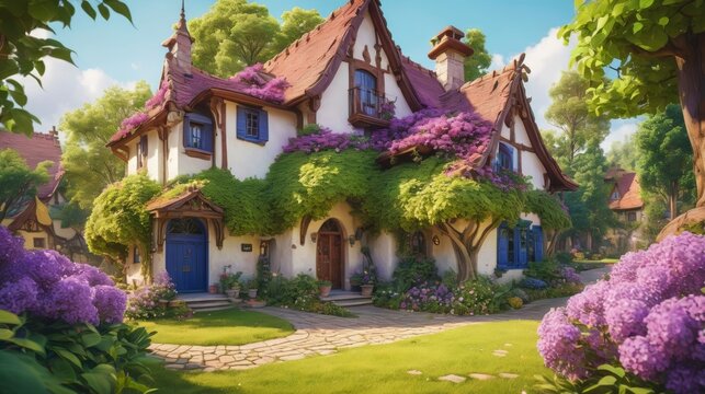 House With Purple Flowers Painting