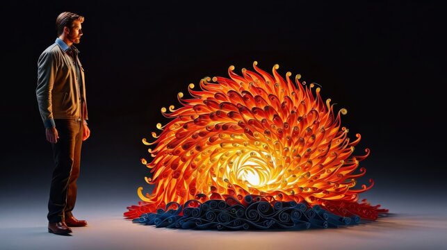 Man Standing in Front of Fire Sculpture
