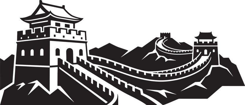 Great Wall of China silhouette illustration featuring ancient watchtowers and stone fortifications in a flat vector style