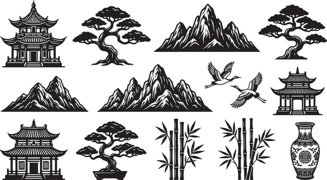 Set of traditional east asian landscape elements including pagodas bonsai trees mountains bamboo and flying cranes vector