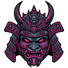 Illustration of a fierce Samurai mask with menacing eyes and intricate armor details, symbolizing warrior spirit and traditional Japanese culture, in a dark, striking aesthetic