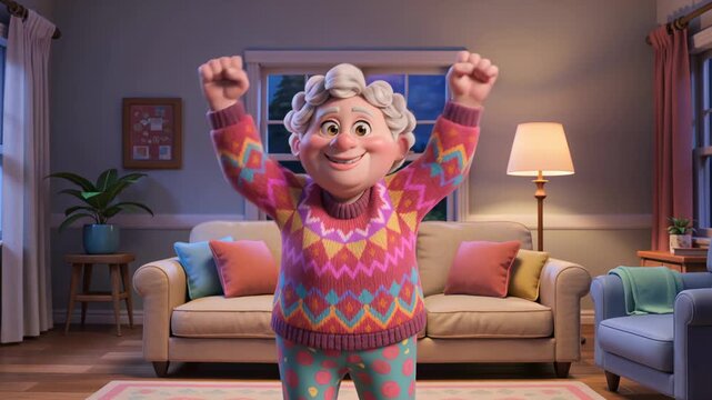 Elderly woman dancing with raised fists in living room. Happy grandmother celebrates success with joy. Cartoon style 3D animation character expressing excitement