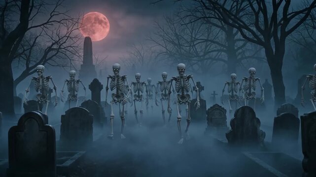 Group of terrifying skeletons walking in an eerie graveyard under a full moon. Cinematic horror animation of living dead figures approaching during dark night, halloween, horror