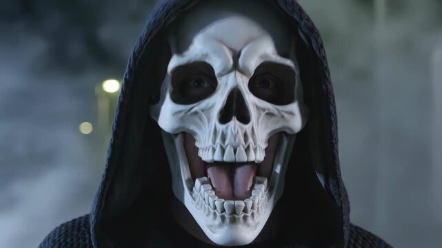 skeleton reaper mask wearing black hood. Creepy figure posing in dark misty night. Horror character for Halloween celebration. Scary portrait of ghost in cloak