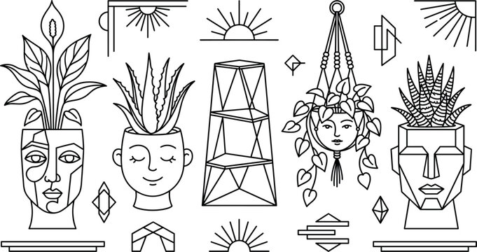 Boho Face Planter and Geometric Home Decor Line Art Vector Icon Set Featuring Head Vases Hanging Macrame Plants Shelves and Celestial Sun Symbols