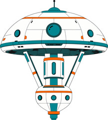 Futuristic teal and white lander probe spaceship, sci-fi cartoon vector illustration isolated on white background, front view © wanjae