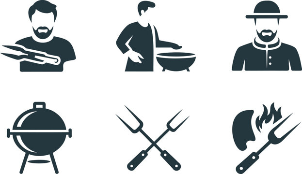 Silhouette icons of people cooking outdoors with barbecue tools and grill  outdoor cooking