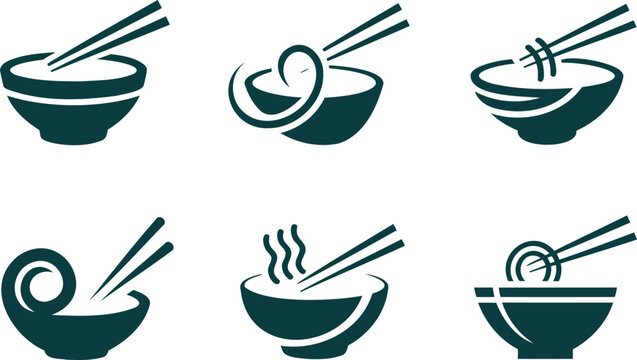 Six green silhouette bowls with noodles and chopsticks in different positions isolated on transparent background