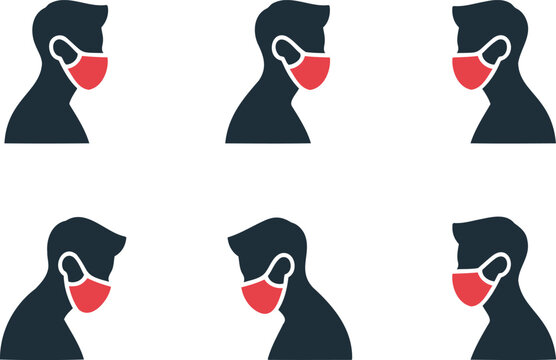Six people wearing red face masks on white background for health and safety concept