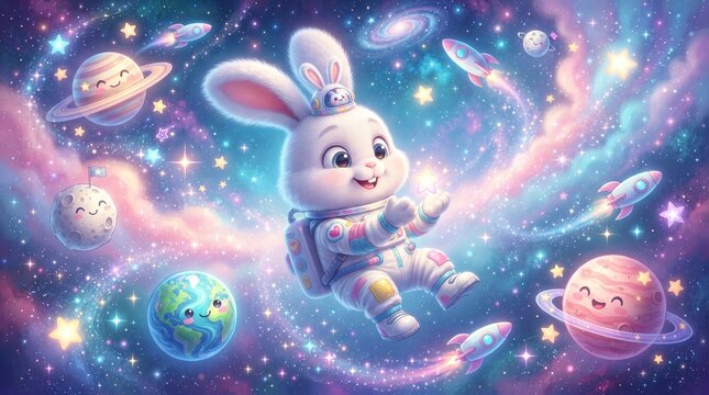 Cute animated rabbit surrounded by colorful planets and glowing stars in a dreamy fantasy universe. Ideal for children's themes, imagination and storytelling.