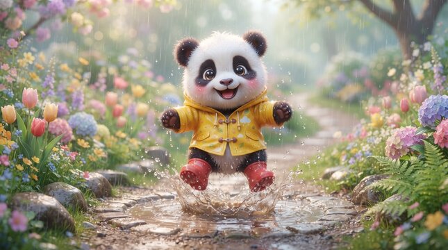 Adorable baby panda wearing a yellow raincoat happily jumping through puddles in a colorful spring flower garden. Cute animated style with joyful expression.