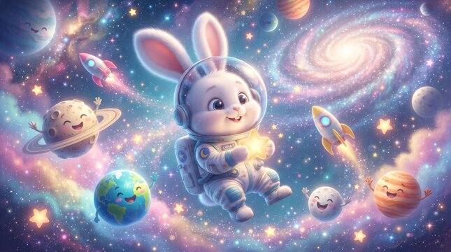Adorable baby bunny floating through a magical galaxy surrounded by colorful planets, stars and cosmic clouds. Fantasy animated illustration with a dreamy atmosphere and pastel colors.