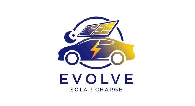 Modern electric car logo with solar panel and lightning bolt
