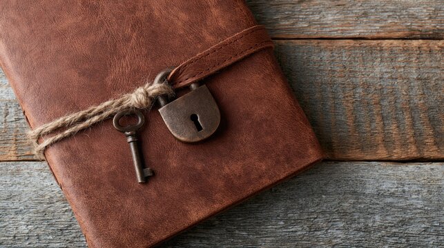 Rustic Leather Bound Journal with Vintage Lock and Key Tied with Twine on Weathered Wood Surface