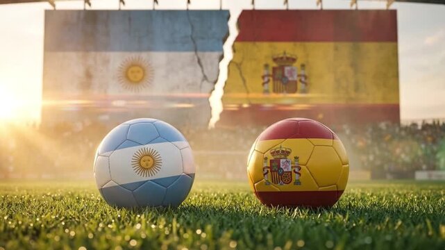 Two stylized national team soccer shoes facing each other on a green field with Argentina and Spain flags flying