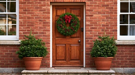 Fototapeta premium Festive Wooden Door Decorated with a Christmas Wreath and Potted Evergreen Trees