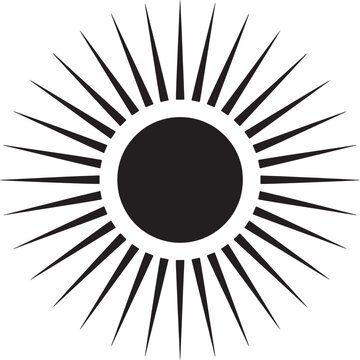 Geometric sunburst symbol with a solid black circular center and many thin, sharp, radiating triangular rays on a plain white background