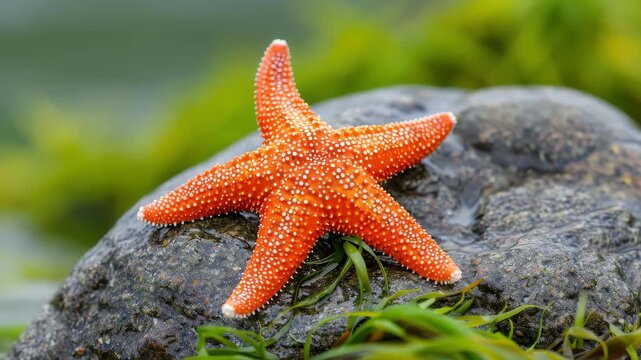 Orange Starfish on Rock: A vibrant orange starfish with five arms rests on a moss-covered rock, its textured skin contrasting with the smooth stone and blurred green background.