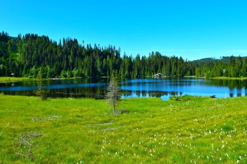View of Prebersee lake with a conifer forest at the lake shore in Lungau, Niedere Tauern, Austria © kato08