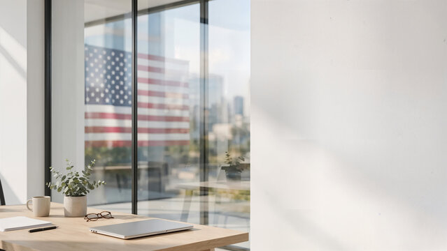 American Flag Seen From Modern Office Window