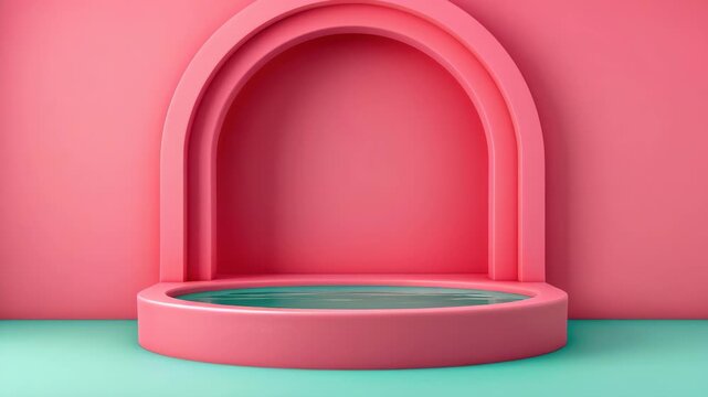Modern Arch and Pedestal: A stylish pink archway frames a circular pedestal with a water feature, set against a soft mint green base. Offers a contemporary, minimalist aesthetic.