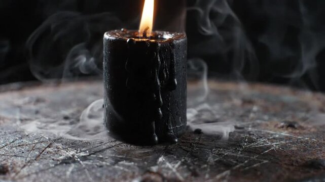Black candle burning with mystical smoke on dark textured surface