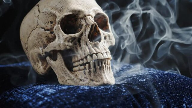 Human skull on blue fabric with mysterious swirling white smoke
