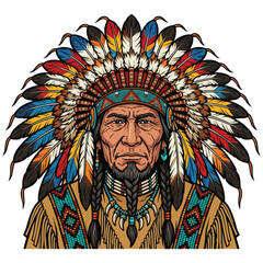 Obraz premium Detailed Illustration of an Indigenous American Leader Wearing a Tribal War Bonnet and Traditional Clothing
