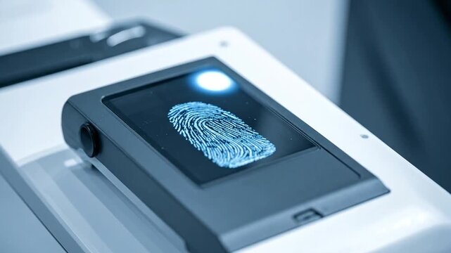 A digital biometric scanner displays a glowing blue fingerprint scan
